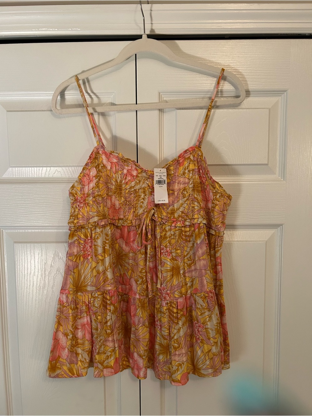 American Eagle Outfitters Pink and Yellow Floral Smocked Tank Top